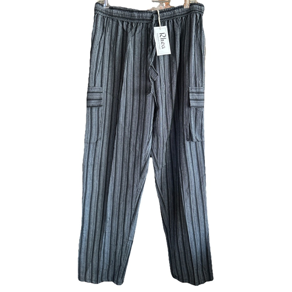 Rhea Pants Pull-On CARGO Drawstring Size XL Stripes Black & Gray Nepal NWT